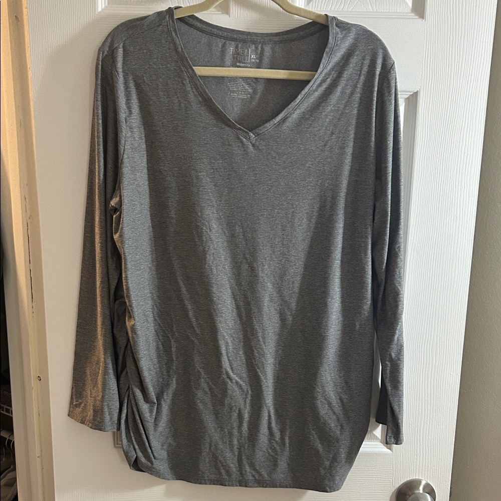 Gray V-Neck Long Sleeve Top
